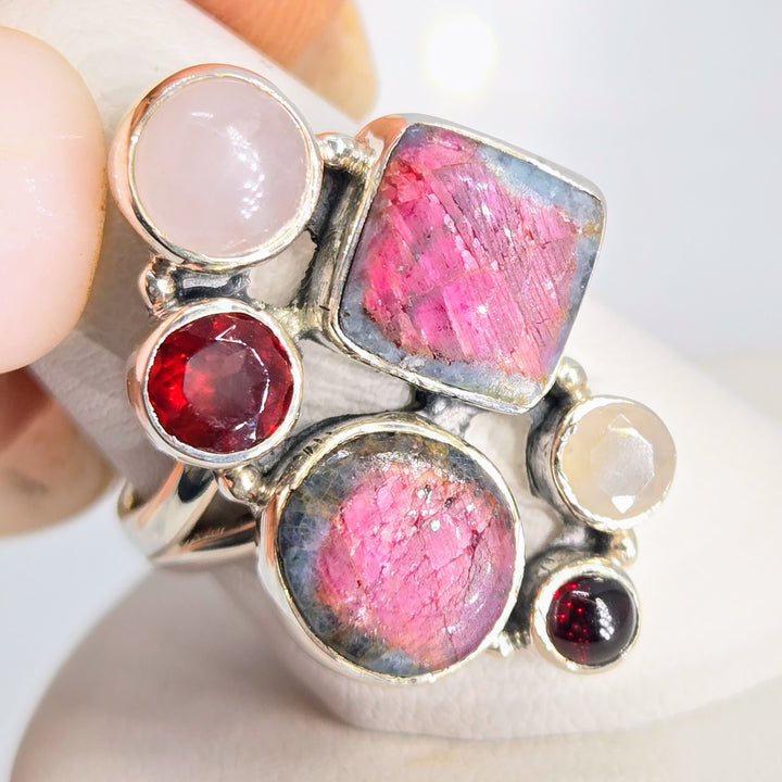 "The Berries!" Sz 7.5 Ring - Ruby Fuchsite, Garnet, Rose Quartz, Moonstone, Sterling