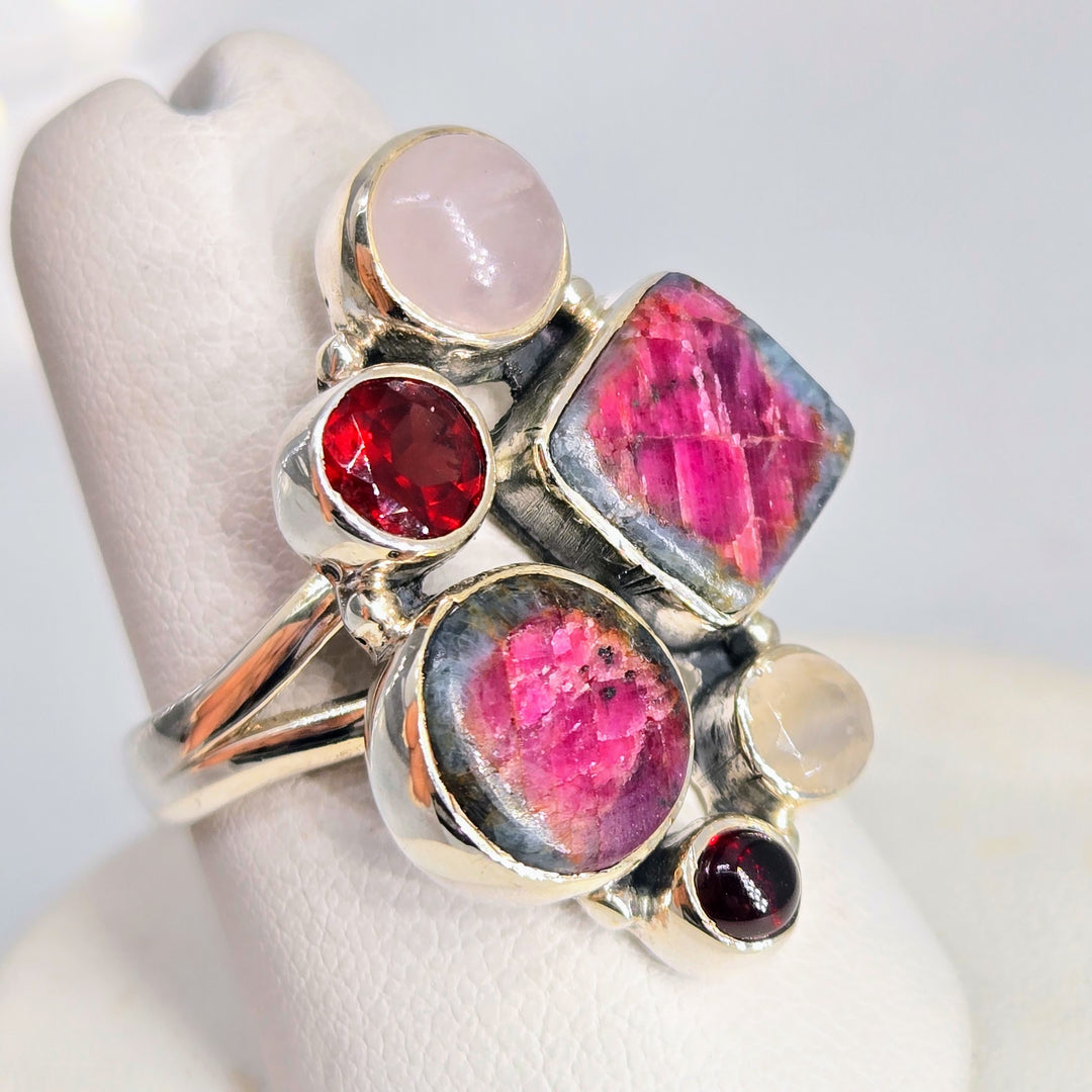 "The Berries!" Sz 7.5 Ring - Ruby Fuchsite, Garnet, Rose Quartz, Moonstone, Sterling