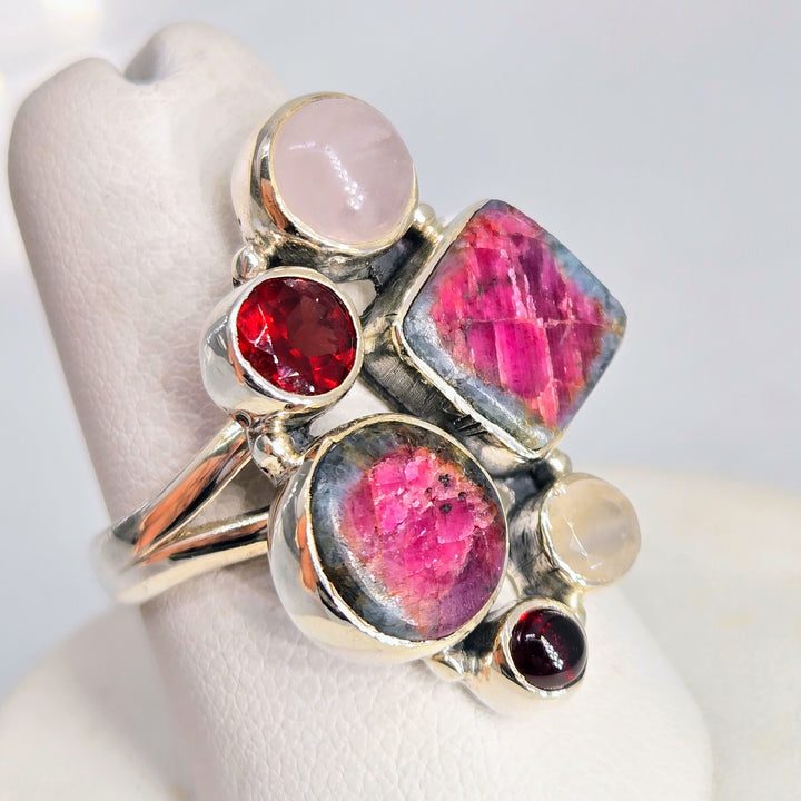 "The Berries!" Sz 7.5 Ring - Ruby Fuchsite, Garnet, Rose Quartz, Moonstone, Sterling
