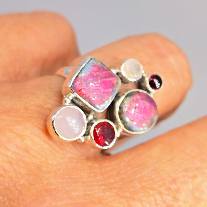 "The Berries!" Sz 7.5 Ring - Ruby Fuchsite, Garnet, Rose Quartz, Moonstone, Sterling