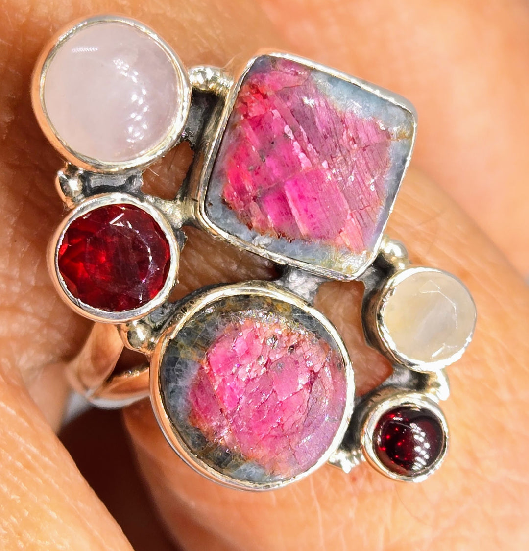 "The Berries!" Sz 7.5 Ring - Ruby Fuchsite, Garnet, Rose Quartz, Moonstone, Sterling