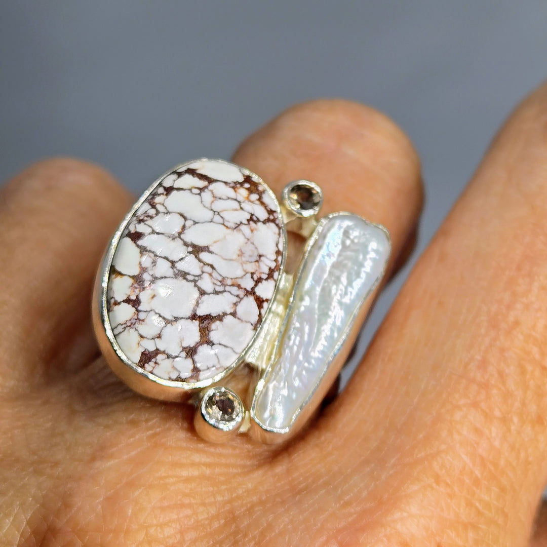 "Wild Horse Whisperer" Sz 7.75 Ring - Wild Horse Turquoise, Pearl, Smoky Quartz, Sterling