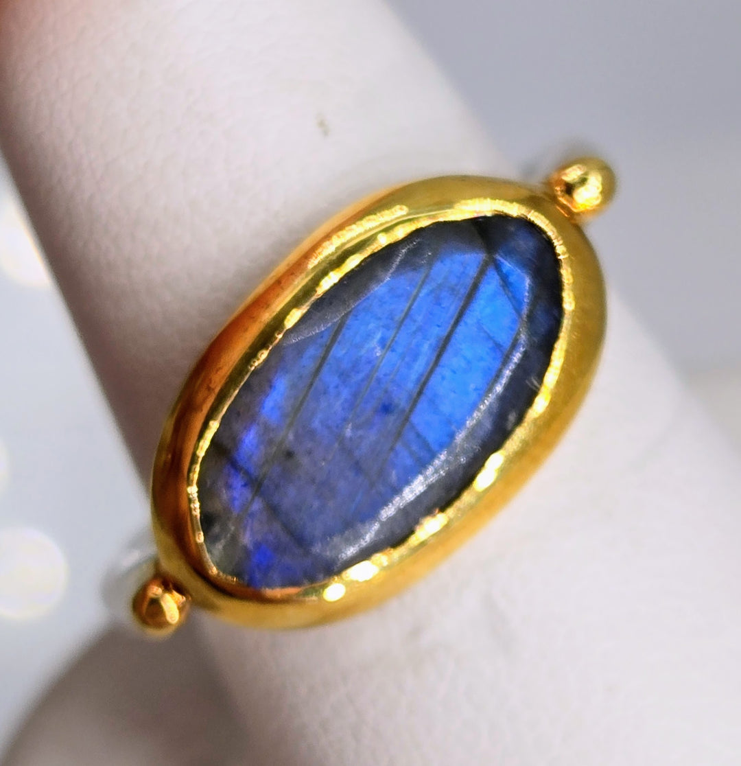 "East West + Blue Ice" Sz 7.25 Ring - Labradorite, Sterling, 18k Gold Accents