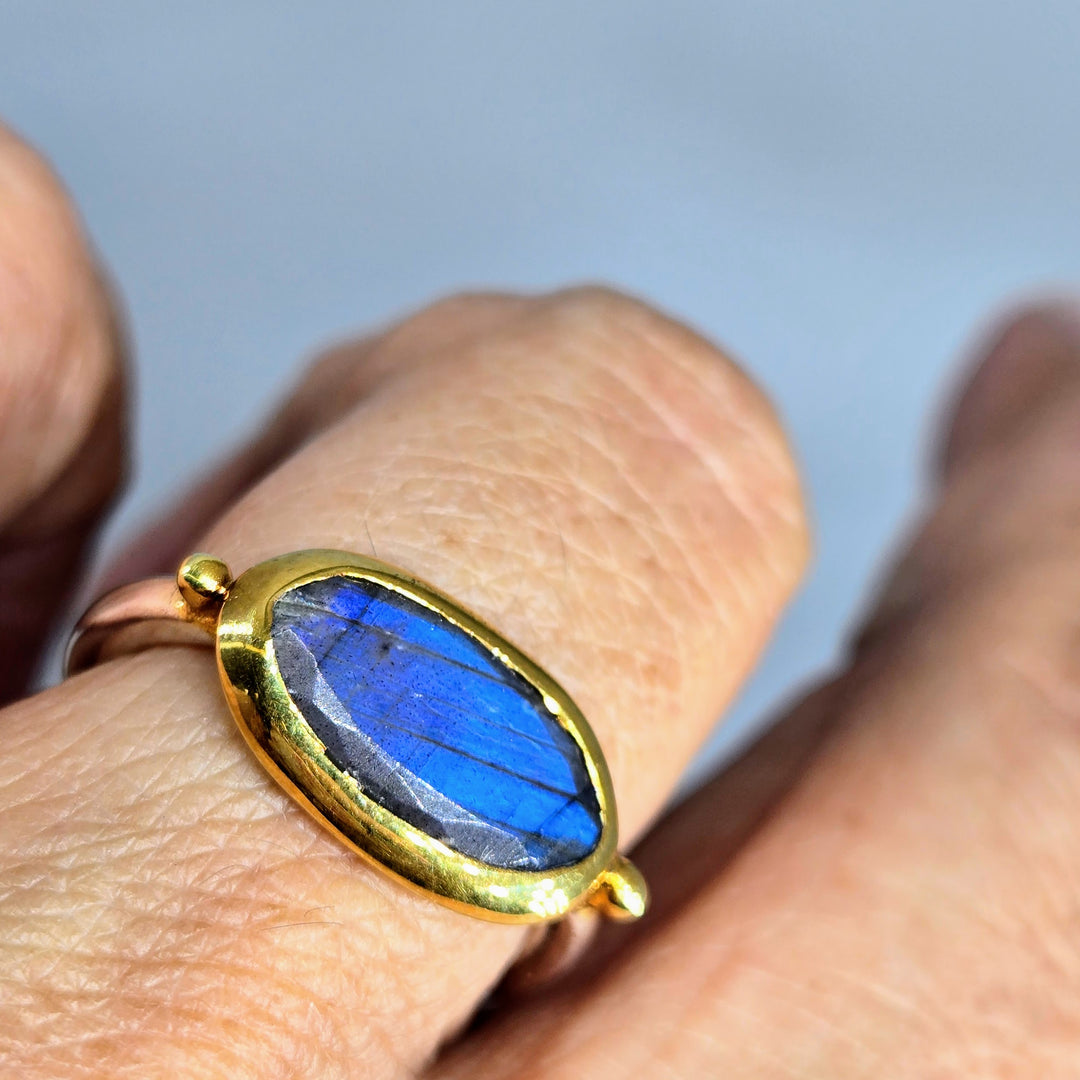"East West + Blue Ice" Sz 7.25 Ring - Labradorite, Sterling, 18k Gold Accents