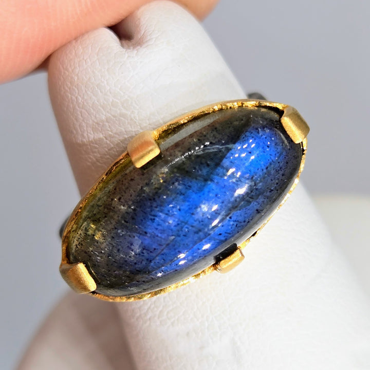 "East West + Blue" Sz 6 Ring - Labradorite, Black Sterling, 18k Gold Accents
