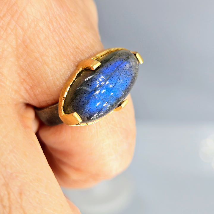 "East West + Blue" Sz 6 Ring - Labradorite, Black Sterling, 18k Gold Accents