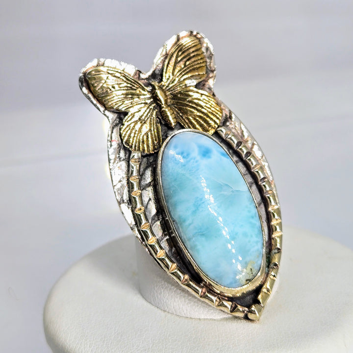 "Social Butterfly" Adj. Size Ring - Larimar, Sterling, Brass Accents
