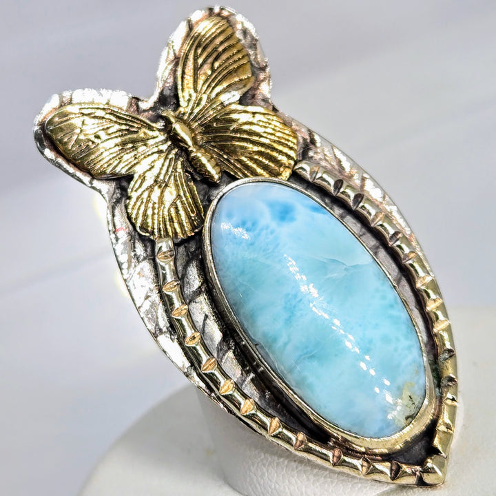 "Social Butterfly" Adj. Size Ring - Larimar, Sterling, Brass Accents