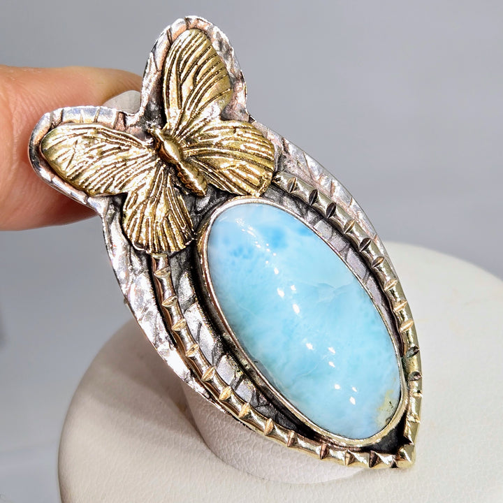 "Social Butterfly" Adj. Size Ring - Larimar, Sterling, Brass Accents