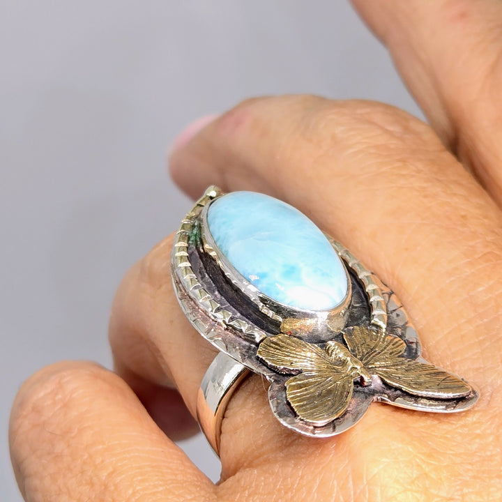 "Social Butterfly" Adj. Size Ring - Larimar, Sterling, Brass Accents