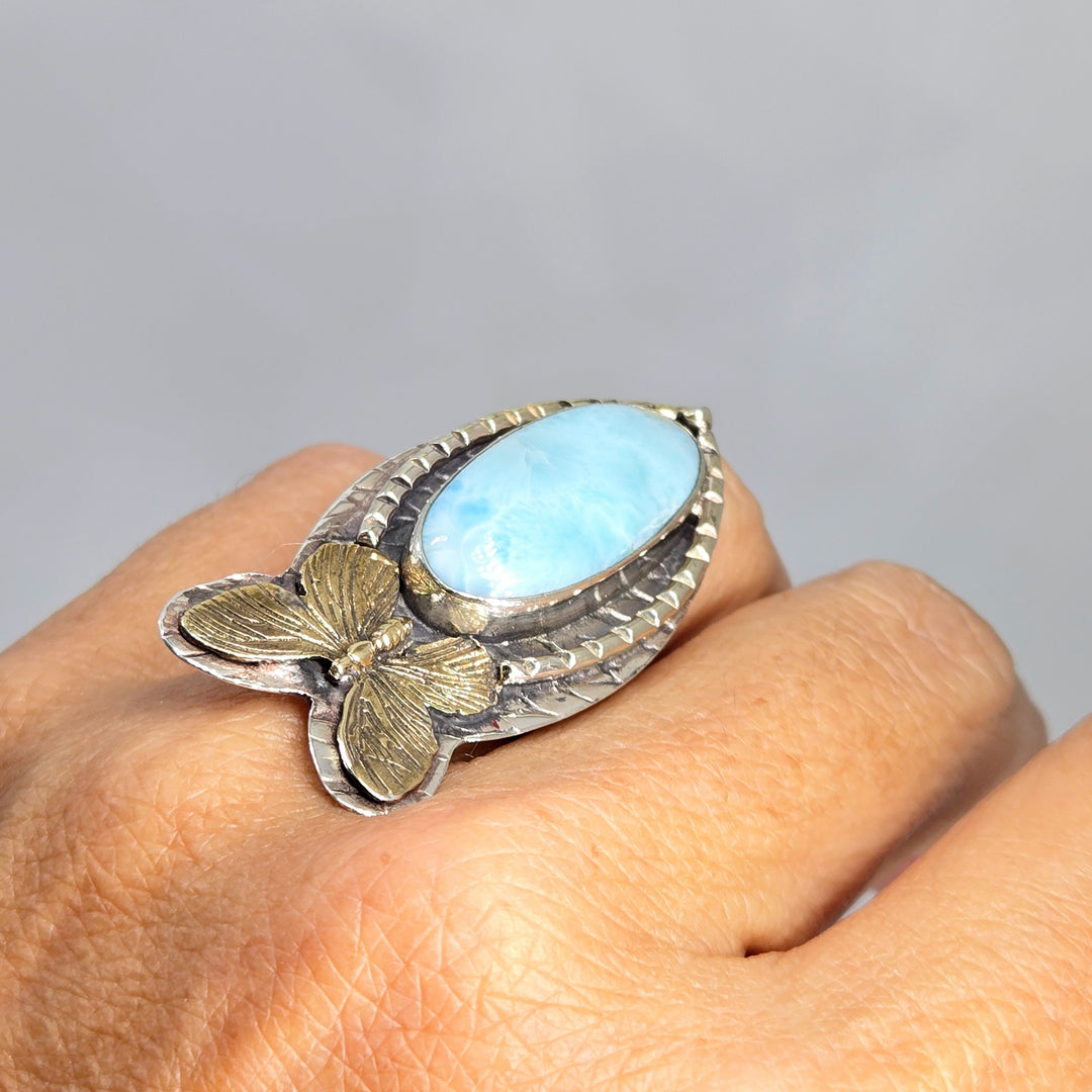 "Social Butterfly" Adj. Size Ring - Larimar, Sterling, Brass Accents