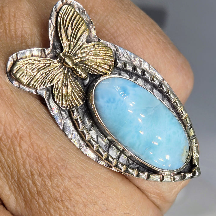 "Social Butterfly" Adj. Size Ring - Larimar, Sterling, Brass Accents