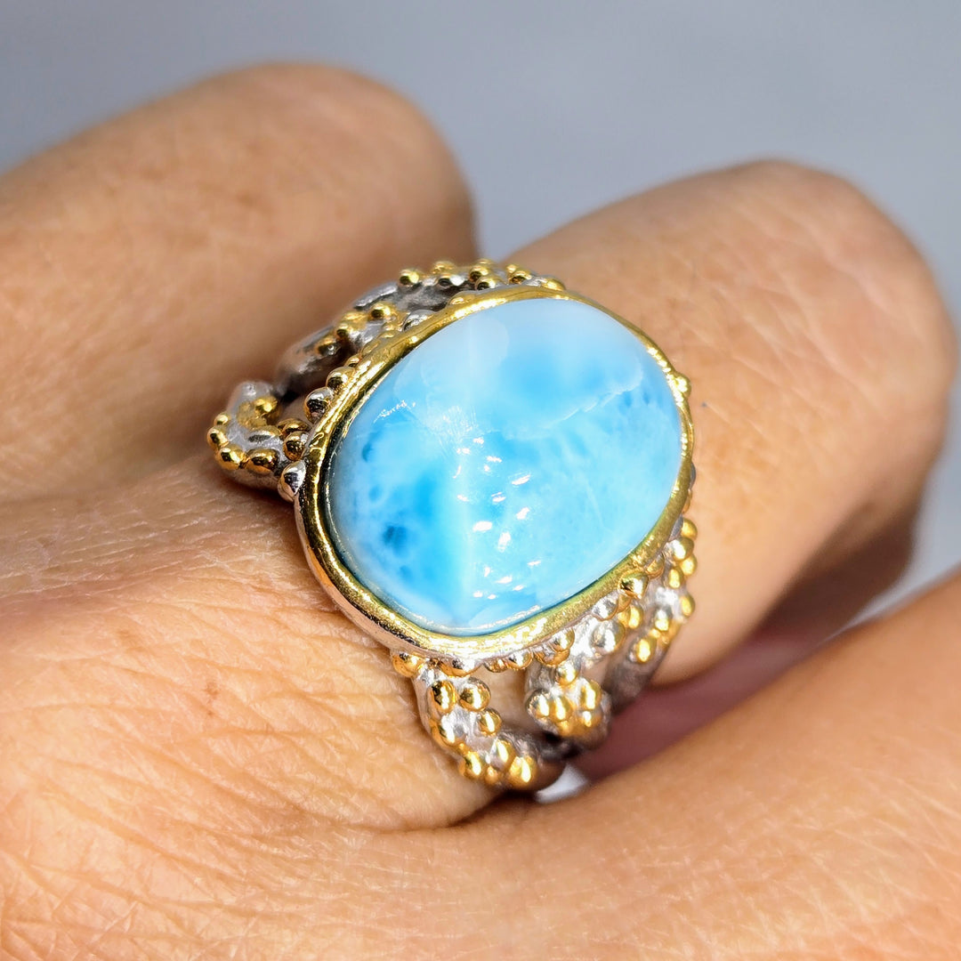 "Reelin' In The Deep" Sz 8.25 Ring - Larimar, Anti-tarnish Sterling, 18k Gold Accents