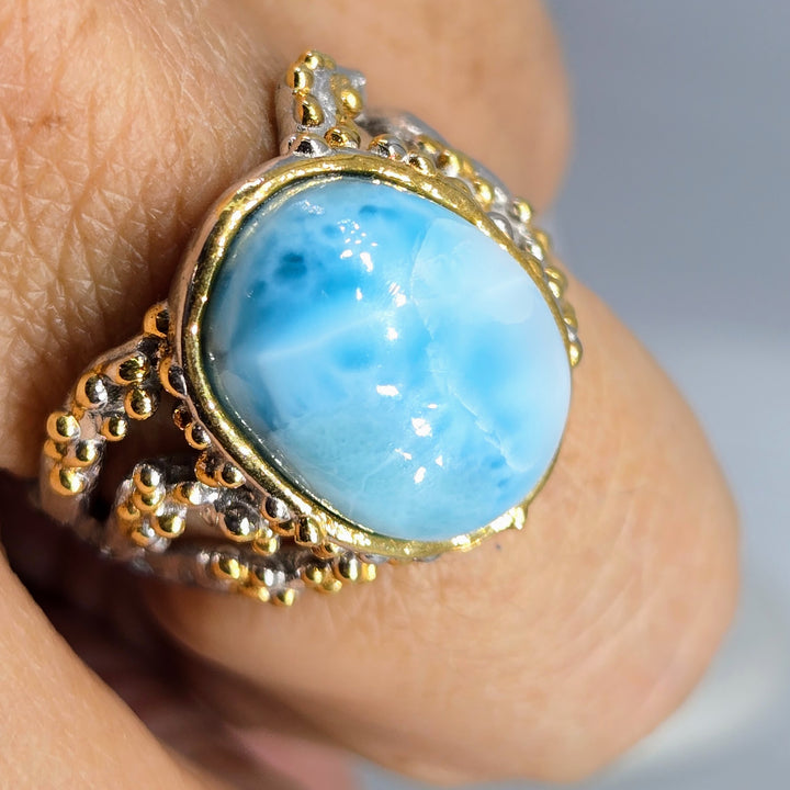 "Reelin' In The Deep" Sz 8.25 Ring - Larimar, Anti-tarnish Sterling, 18k Gold Accents