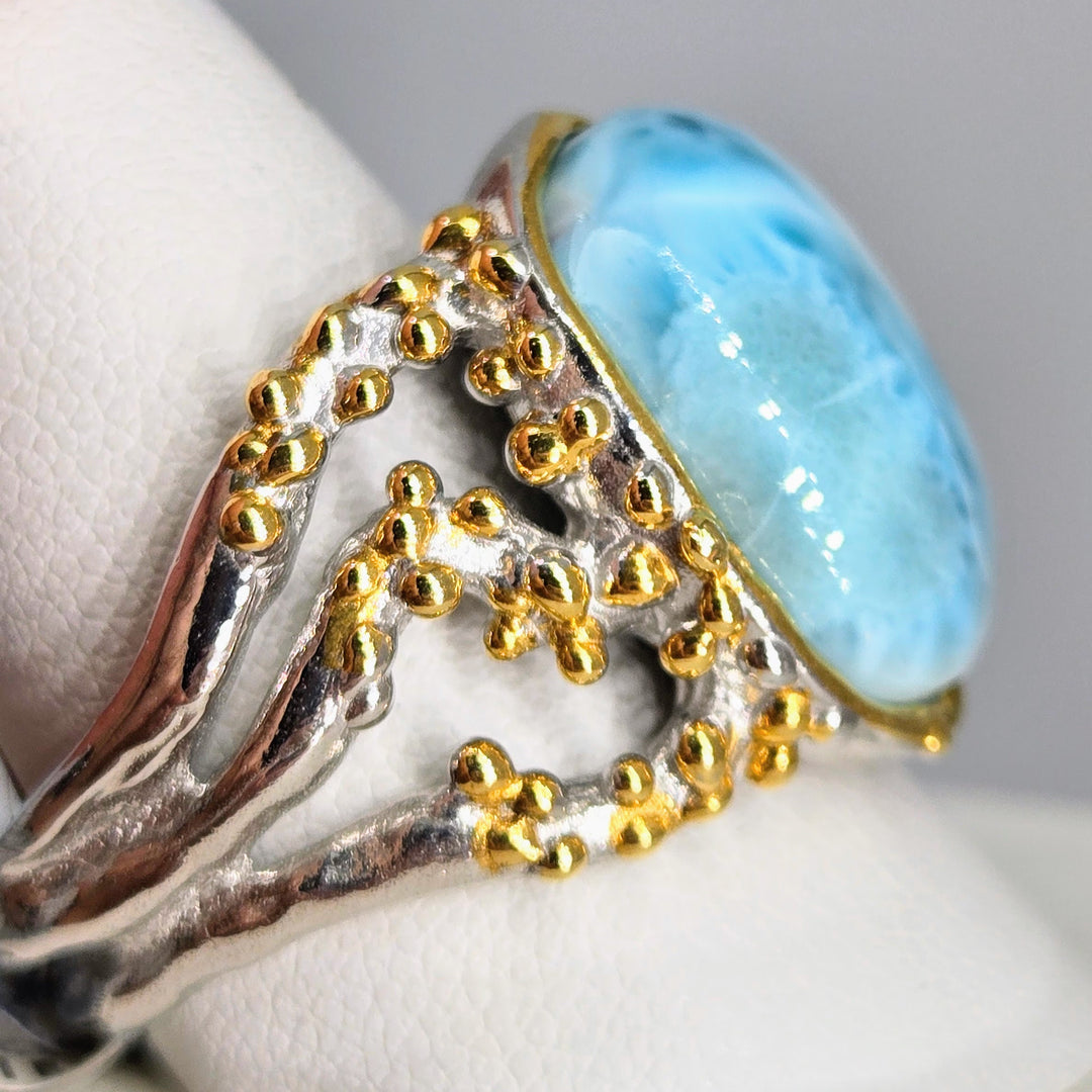 "Reelin' In The Deep" Sz 8.25 Ring - Larimar, Anti-tarnish Sterling, 18k Gold Accents