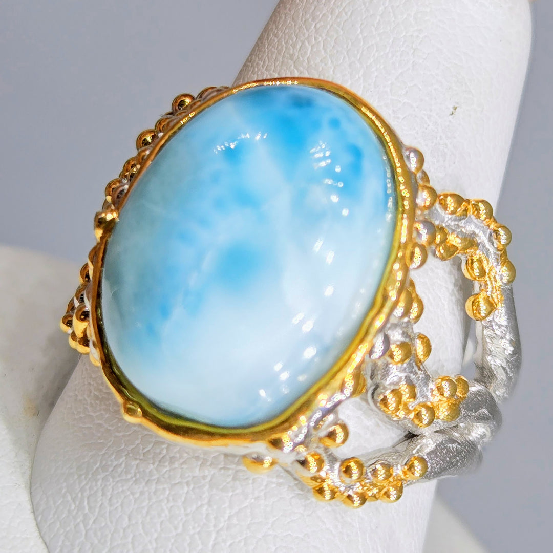 "Reelin' In The Deep" Sz 8.25 Ring - Larimar, Anti-tarnish Sterling, 18k Gold Accents