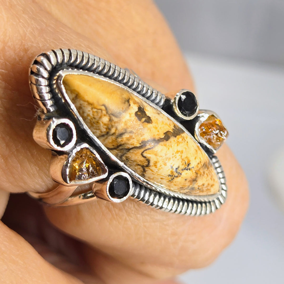 "Toffee Crunch" Sz 8.5 Ring - Jasper, Citrine, Onyx, Sterling