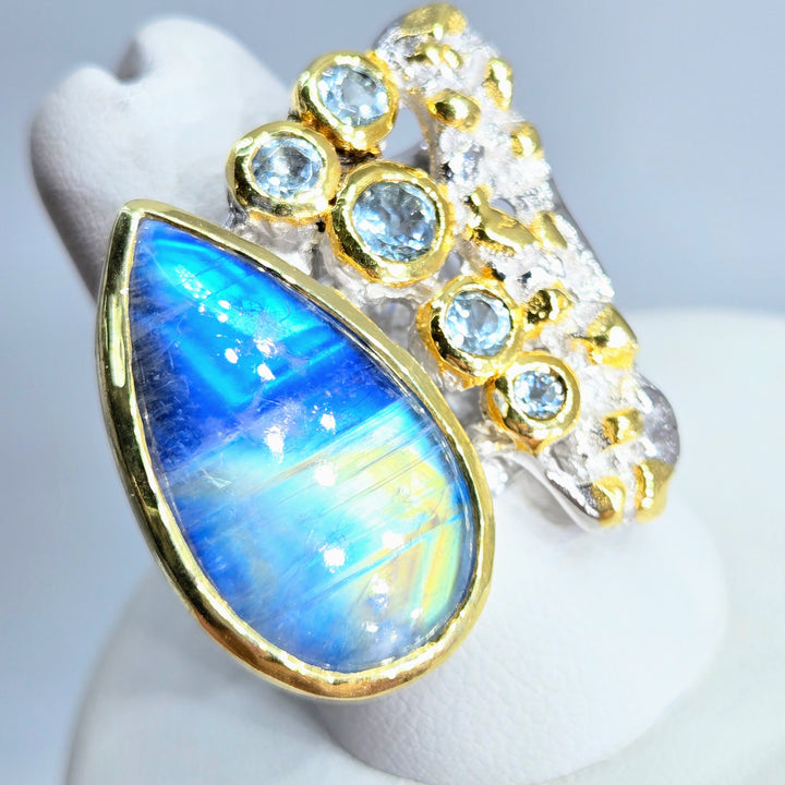 "Serenity NOW!" Sz 8.25 Ring - Blue Rainbow Moonstone, Topaz, Anti-tarnish Sterling, 18k Gold