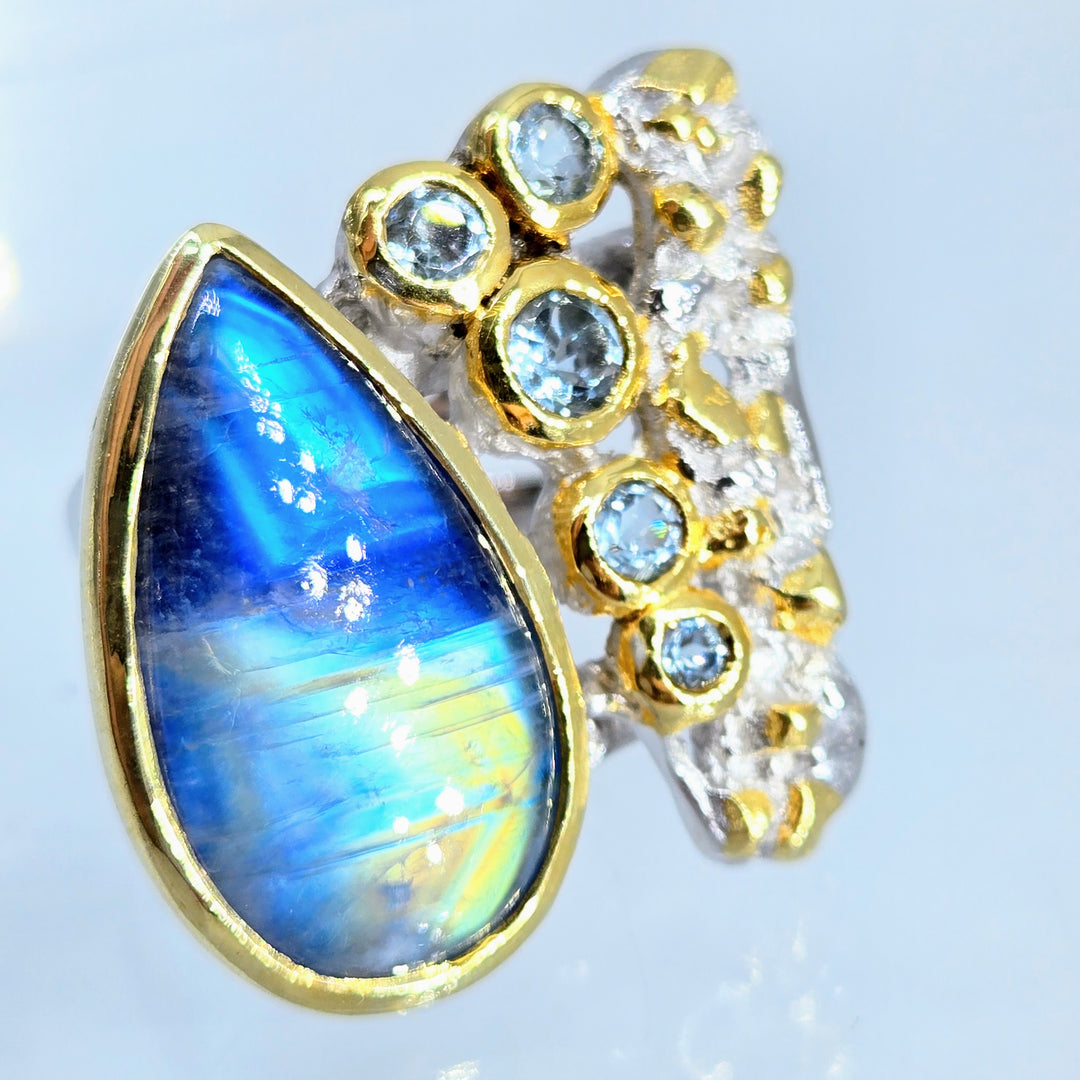 "Serenity NOW!" Sz 8.25 Ring - Blue Rainbow Moonstone, Topaz, Anti-tarnish Sterling, 18k Gold