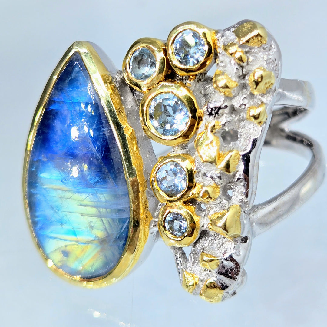 "Serenity NOW!" Sz 8.25 Ring - Blue Rainbow Moonstone, Topaz, Anti-tarnish Sterling, 18k Gold