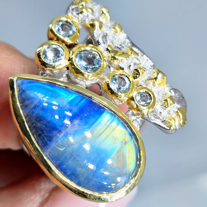 "Serenity NOW!" Sz 8.25 Ring - Blue Rainbow Moonstone, Topaz, Anti-tarnish Sterling, 18k Gold