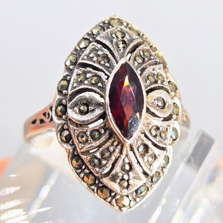 "Great Garnet" Sz 9 Ring - Garnet, Marcasite, Sterling