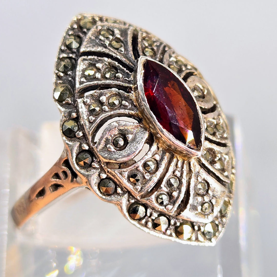 "Great Garnet" Sz 9 Ring - Garnet, Marcasite, Sterling