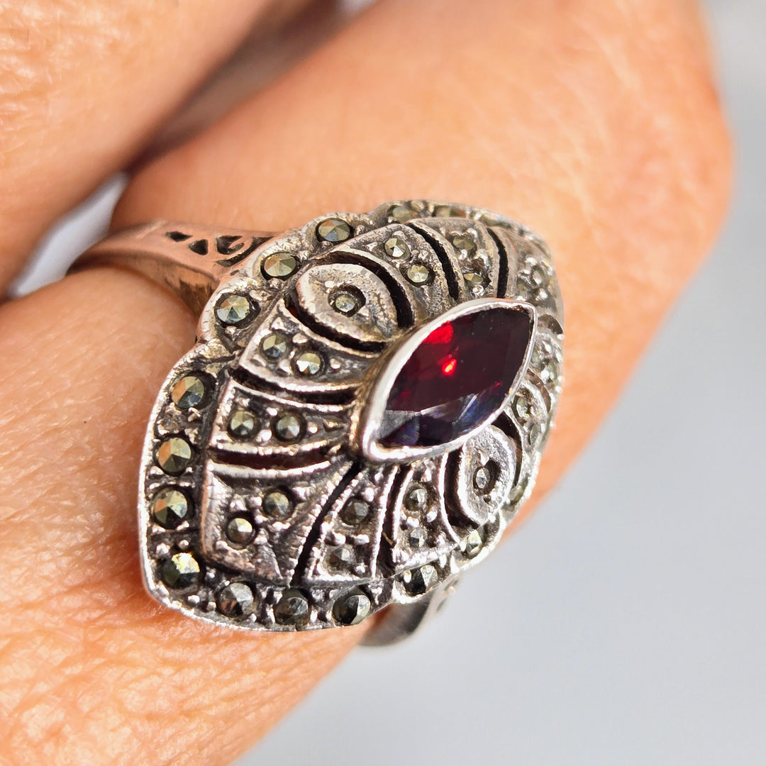 "Great Garnet" Sz 9 Ring - Garnet, Marcasite, Sterling