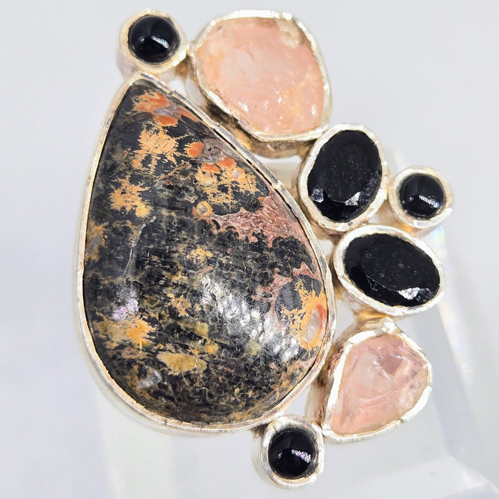 "Rhodo-licious!" Adj Sz Ring - Rhodonite, Onyx, Morganite, Sterling