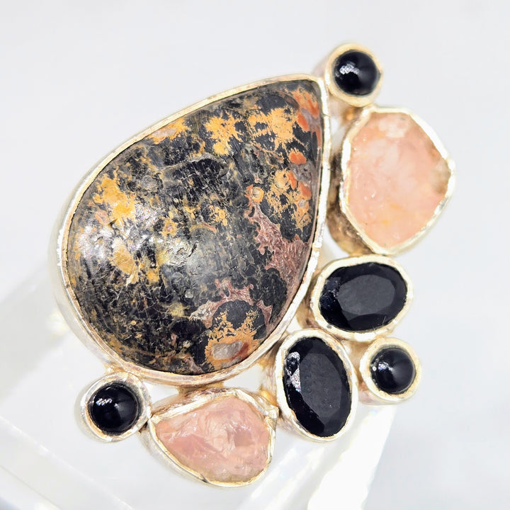 "Rhodo-licious!" Adj Sz Ring - Rhodonite, Onyx, Morganite, Sterling