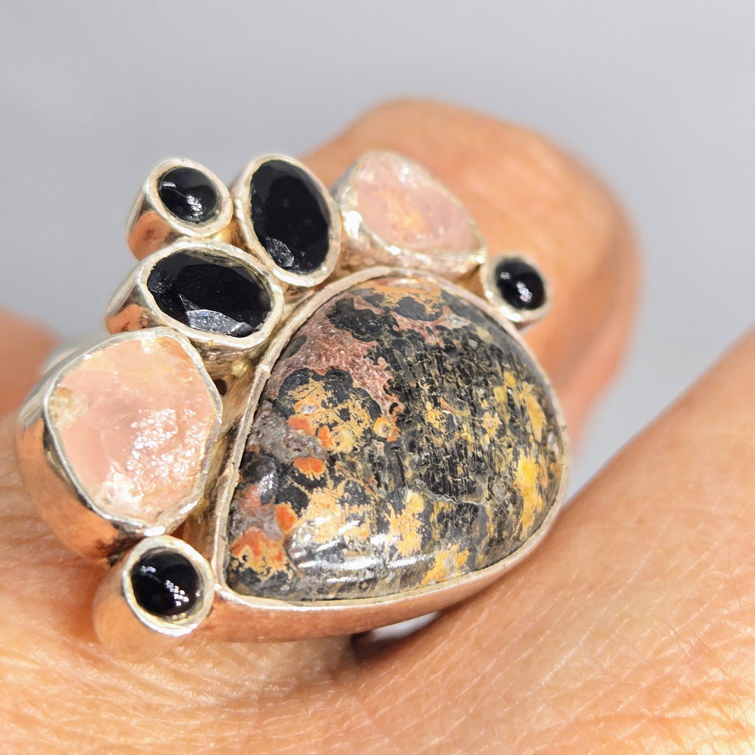 "Rhodo-licious!" Adj Sz Ring - Rhodonite, Onyx, Morganite, Sterling