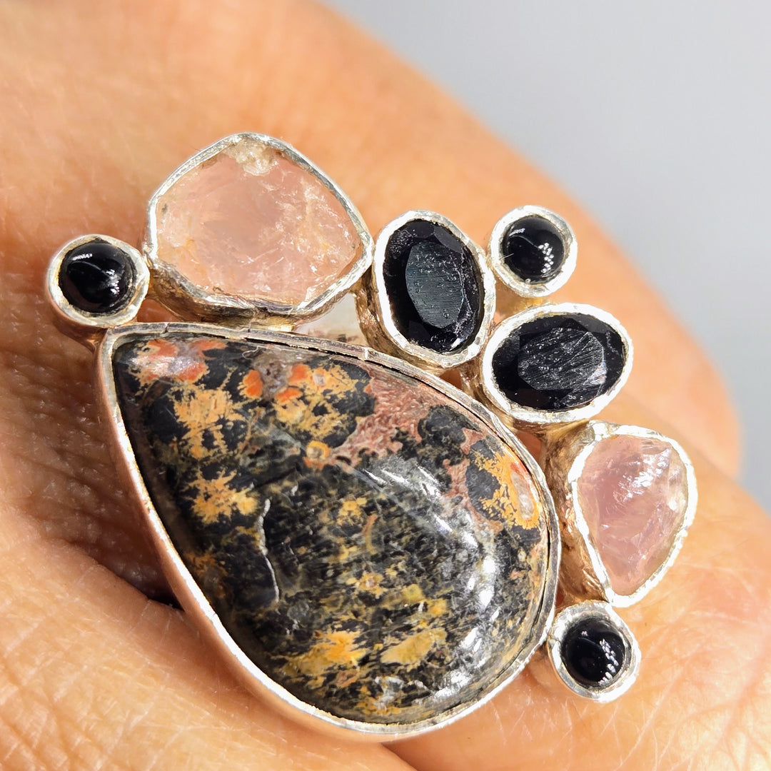 "Rhodo-licious!" Adj Sz Ring - Rhodonite, Onyx, Morganite, Sterling