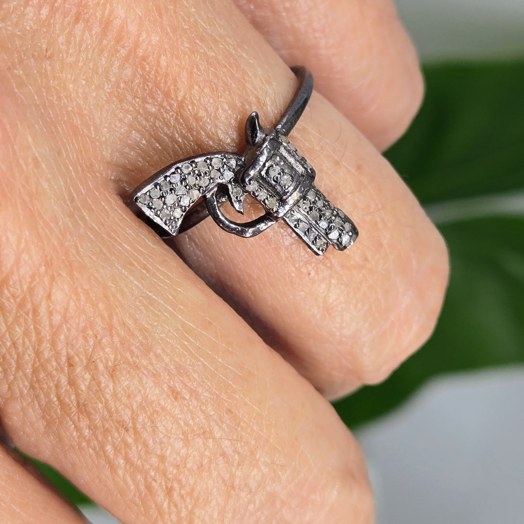"La Pistolita" Sz 7.5 Ring - Diamonds, Black Sterling