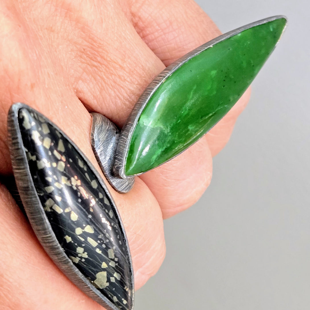 "Space Between" Sz 8.5 Ring - Jade, Matrix Pyrite, Oxidized Sterling