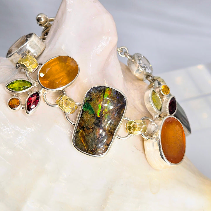 "The Mystic" 7" - 8" Bracelet - Ammolite, Citrine, Peridot, Quartz, Garnets, Sterling, 18k Gold Accents