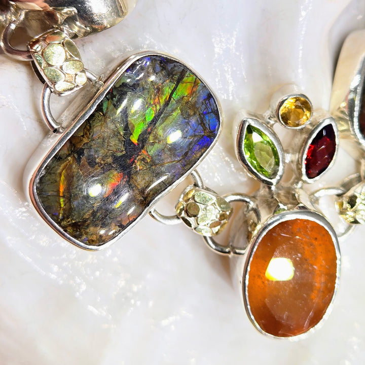 "The Mystic" 7" - 8" Bracelet - Ammolite, Citrine, Peridot, Quartz, Garnets, Sterling, 18k Gold Accents