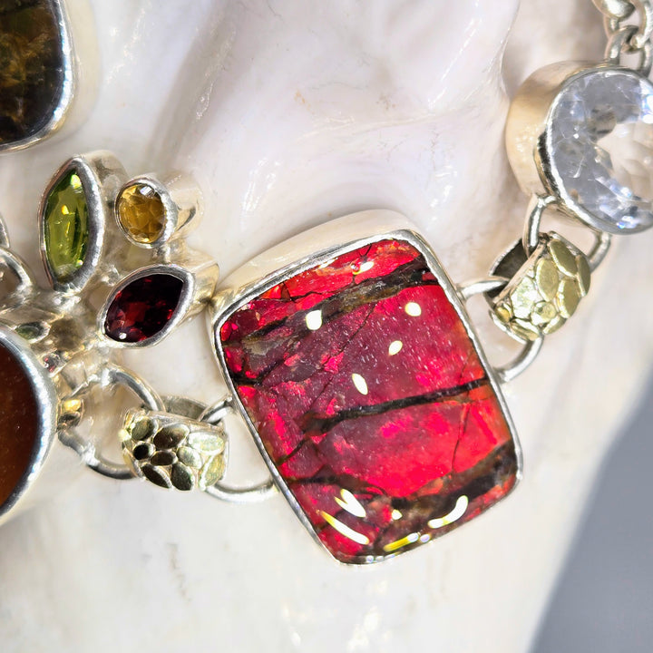 "The Mystic" 7" - 8" Bracelet - Ammolite, Citrine, Peridot, Quartz, Garnets, Sterling, 18k Gold Accents