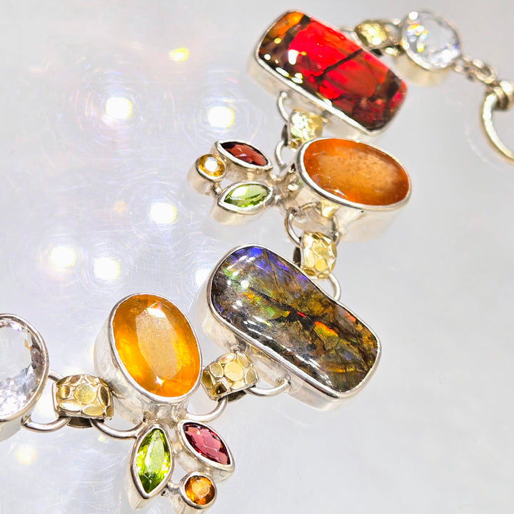 "The Mystic" 7" - 8" Bracelet - Ammolite, Citrine, Peridot, Quartz, Garnets, Sterling, 18k Gold Accents