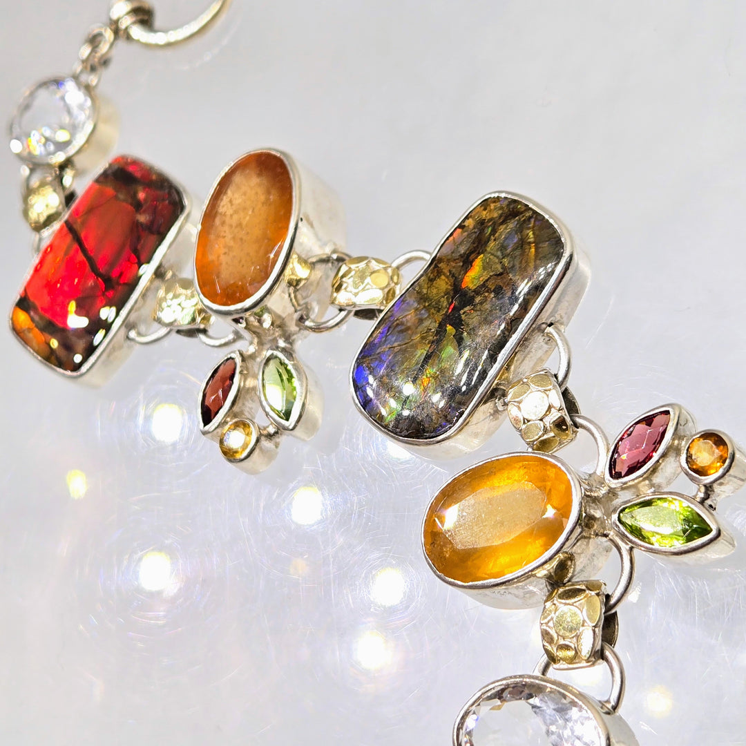 "The Mystic" 7" - 8" Bracelet - Ammolite, Citrine, Peridot, Quartz, Garnets, Sterling, 18k Gold Accents