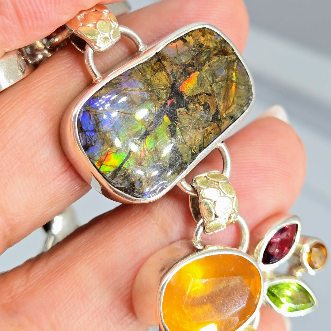 "The Mystic" 7" - 8" Bracelet - Ammolite, Citrine, Peridot, Quartz, Garnets, Sterling, 18k Gold Accents