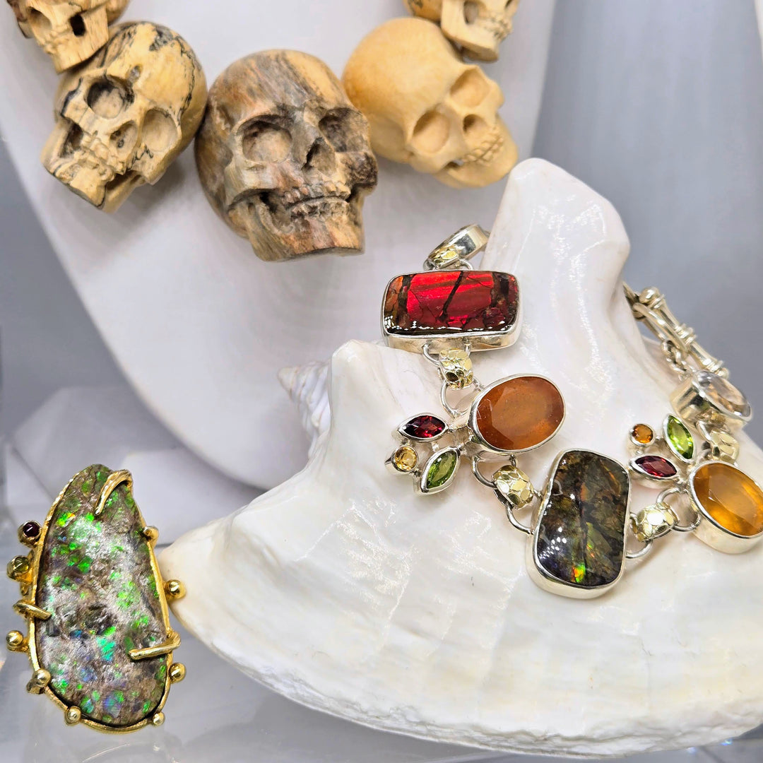 "The Talking Heads" 28" - 29" Necklace Hand-carved Wood, Sterling