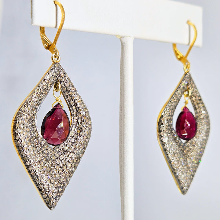 "Glam Squad" 2.25" Earrings - Diamonds, Rhodolite Garnet, Black Sterling, 18k Gold Accents