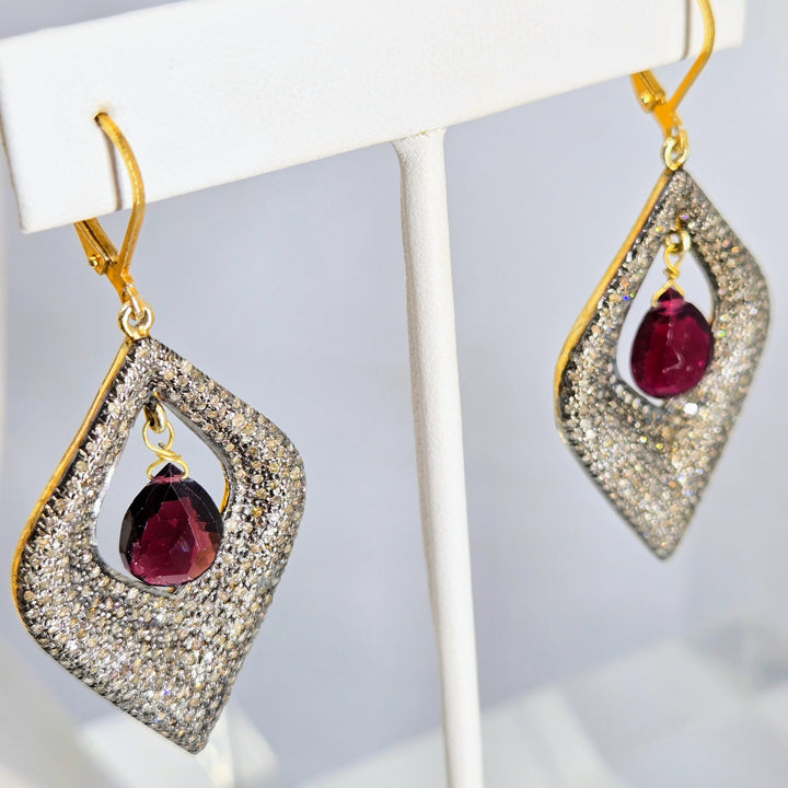"Glam Squad" 2.25" Earrings - Diamonds, Rhodolite Garnet, Black Sterling, 18k Gold Accents