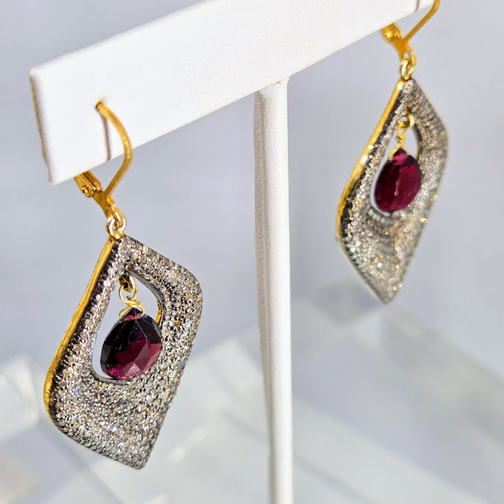 "Glam Squad" 2.25" Earrings - Diamonds, Rhodolite Garnet, Black Sterling, 18k Gold Accents