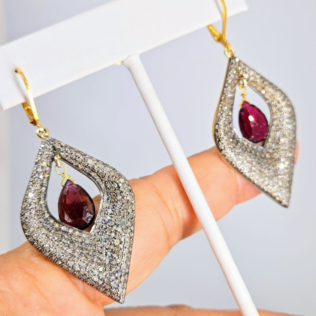 "Glam Squad" 2.25" Earrings - Diamonds, Rhodolite Garnet, Black Sterling, 18k Gold Accents
