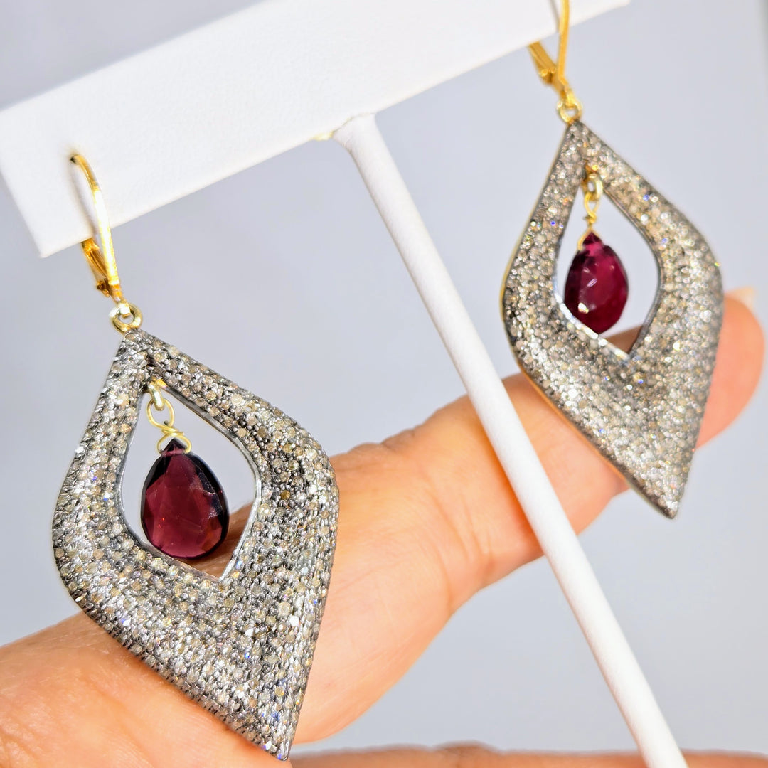 "Glam Squad" 2.25" Earrings - Diamonds, Rhodolite Garnet, Black Sterling, 18k Gold Accents