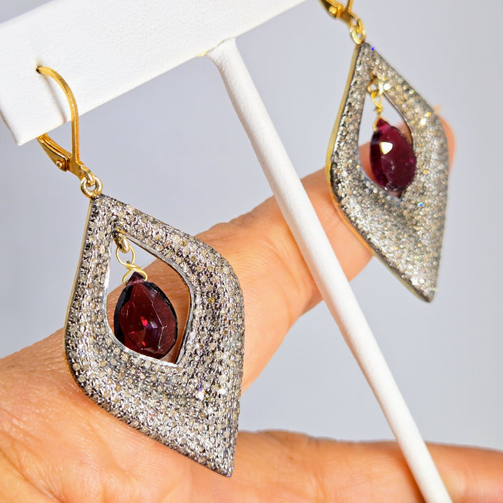 "Glam Squad" 2.25" Earrings - Diamonds, Rhodolite Garnet, Black Sterling, 18k Gold Accents