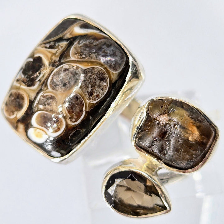"Brownie Points for Awesomeness!" Adj Sz Ring - Turitella Fossil, Smoky Quartz, Sterling
