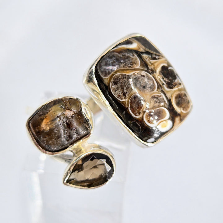 "Brownie Points for Awesomeness!" Adj Sz Ring - Turitella Fossil, Smoky Quartz, Sterling