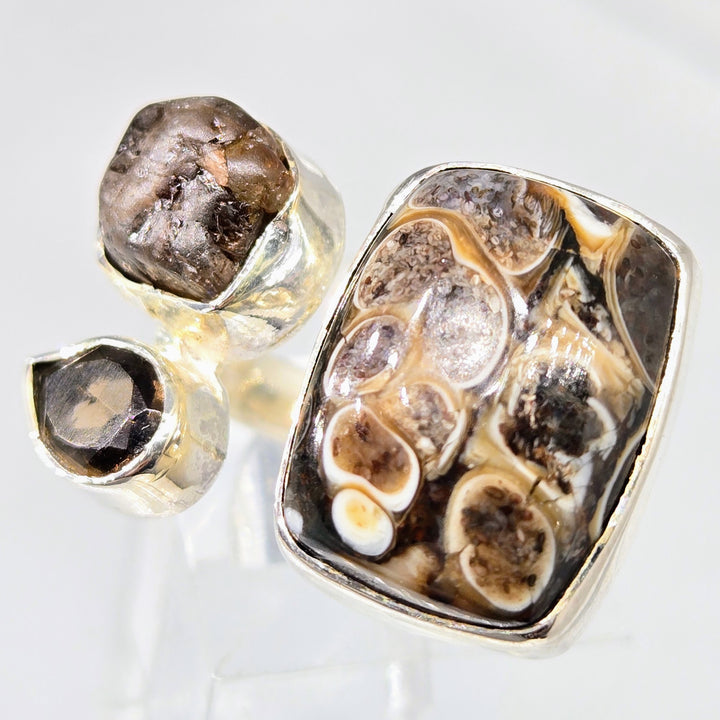 "Brownie Points for Awesomeness!" Adj Sz Ring - Turitella Fossil, Smoky Quartz, Sterling